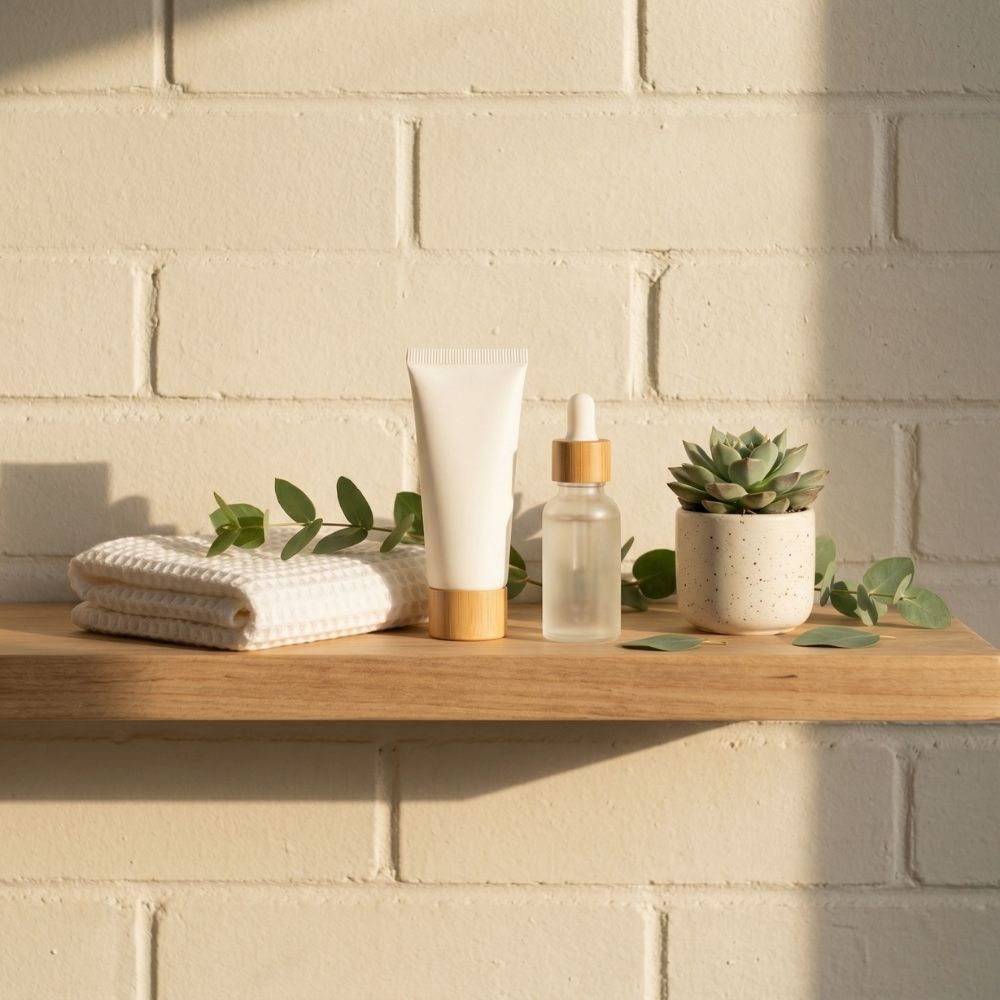 Vaginal moisturiser and lubricant on a bathroom shelf — a simple routine for managing vaginal dryness