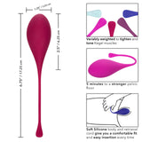 Image of a burgundy Kegel exercise weight from the Calexotics 5-Piece Set, featuring dimensions designed for optimal pelvic floor strengthening. This set offers variably weighted options (60g, 120g) for targeted training and efficient 5-minute workouts. Constructed with soft silicone, these weights provide easy use and a comfortable fit.