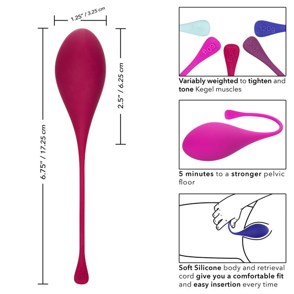 Image of a burgundy Kegel exercise weight from the Calexotics 5-Piece Set, featuring dimensions designed for optimal pelvic floor strengthening. This set offers variably weighted options (60g, 120g) for targeted training and efficient 5-minute workouts. Constructed with soft silicone, these weights provide easy use and a comfortable fit.