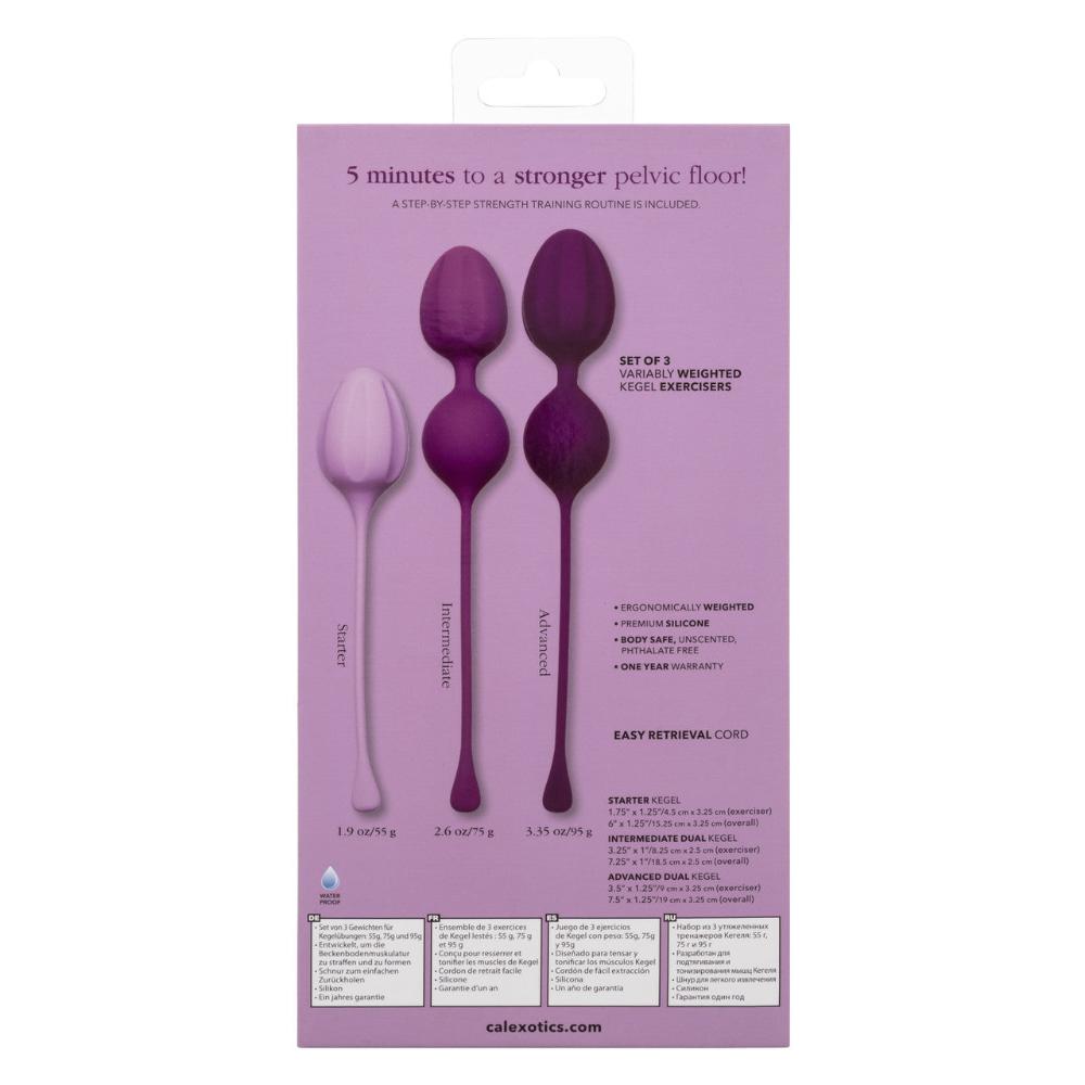 The packaging for the Calexotics Kegel Weights - 3-Piece Set showcases three progressive exerciser levels in different shades of purple, each providing increased weight for effective training. Designed with an easy retrieval cord and crafted from body-safe silicone, this set is perfect for gradual pelvic floor muscle strengthening through Kegel exercises.