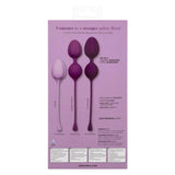 The packaging for the Calexotics Kegel Weights - 3-Piece Set showcases three progressive exerciser levels in different shades of purple, each providing increased weight for effective training. Designed with an easy retrieval cord and crafted from body-safe silicone, this set is perfect for gradual pelvic floor muscle strengthening through Kegel exercises.