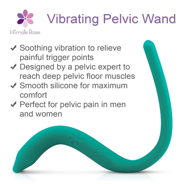 Image of the Intimate Rose Pelvic Wand With Vibration in teal, featuring text that highlights its soothing vibration for muscle relaxation. It's designed for deep pelvic muscles, made from smooth silicone, and is suitable for pelvic pain relief in both men and women. The Intimate Rose brand logo is prominently displayed at the top left corner.