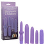 The Calexotics Dr. Laura Berman® Rechargeable Vibrating Vaginal Dilator Set (4 Sizes + Sleeve) in purple is shown by its branded packaging, featuring Dr. Laura Berman and promoting pelvic wellness benefits.