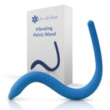A blue vibrating pelvic wand with a curved design is showcased alongside its packaging, which reads 