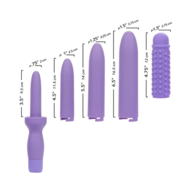 The Dr. Laura Berman® Rechargeable Vibrating Vaginal Dilator Set by Calexotics features four purple silicone attachments plus a sleeve, each with labeled dimensions in inches and centimeters to support pelvic wellness.