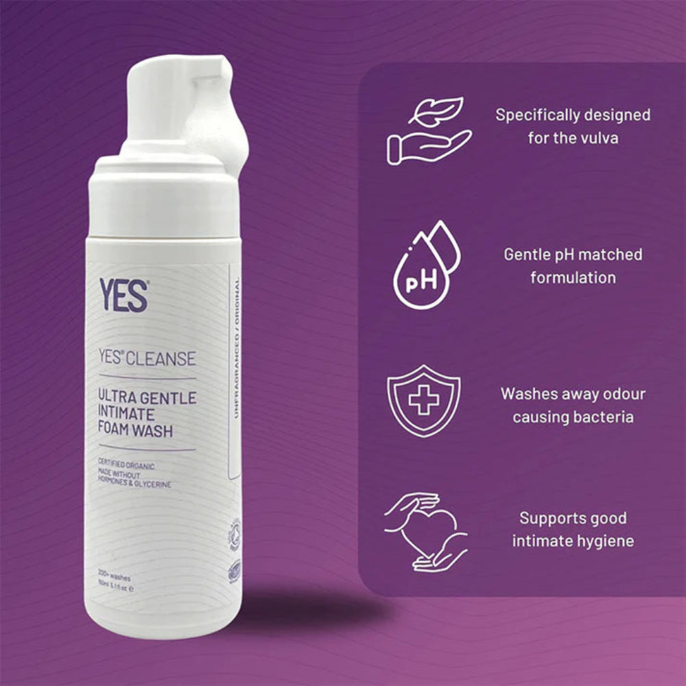 Info tile listing YES Cleanse unfragranced intimate wash benefits: pH-matched, soap-free, certified organic foam for vulval skin