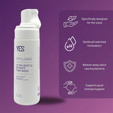 Info tile listing YES Cleanse unfragranced intimate wash benefits: pH-matched, soap-free, certified organic foam for vulval skin