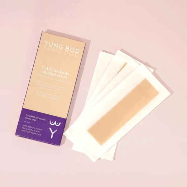 A package labeled "Yung Bod C-Section Silicone Strips" is shown next to three individual, medical-grade silicone strips. The rectangular strips are designed for postpartum scar healing and C-section scar treatment. The box features a purple and beige color scheme.