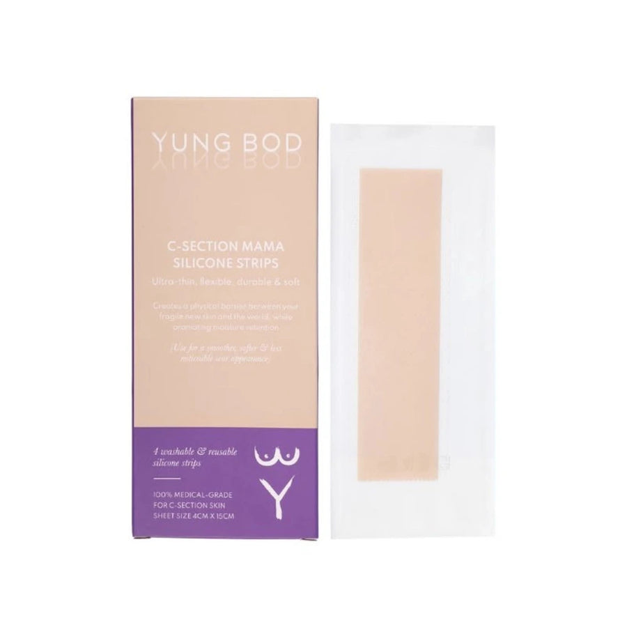 Yung Bod C-Section Silicone Scar Strips box in purple and white packaging with one unwrapped silicone strip beside it